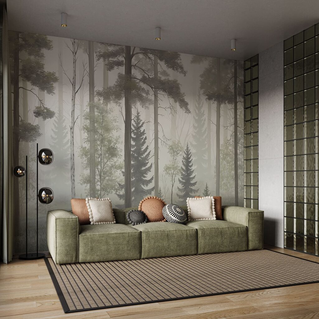 Mistig bos met bomen in een interieur