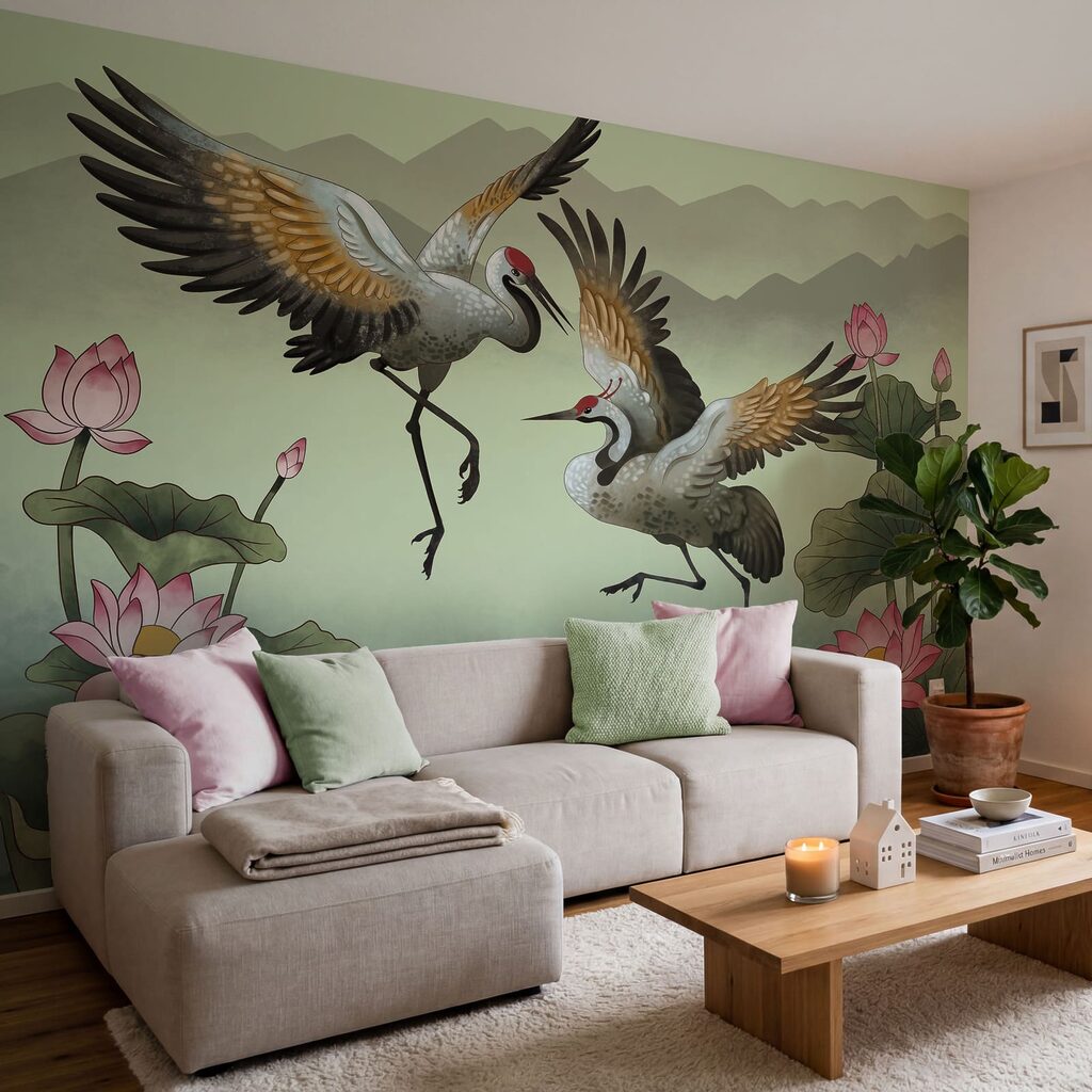 Een paar kraanvogels in vlucht in een interieur