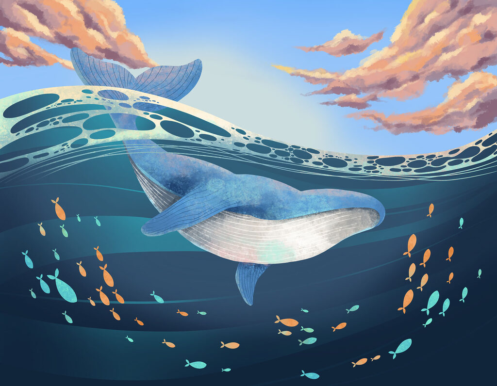 Walvis onder golvend water — volledig ontwerp