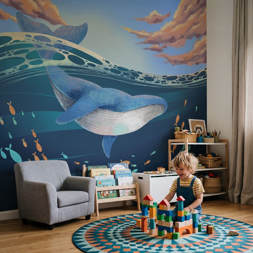 Een walvis die in de oceaan zwemt in een interieur