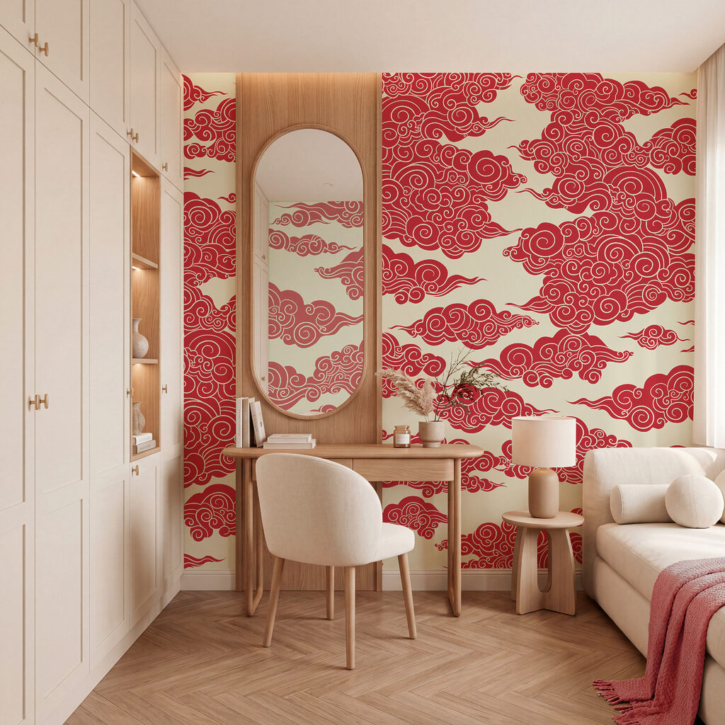Patroon van rode wolken in een interieur