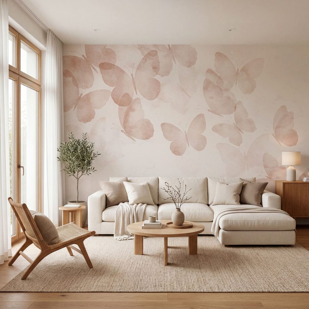 Groep vlinders op een witte achtergrond in een interieur