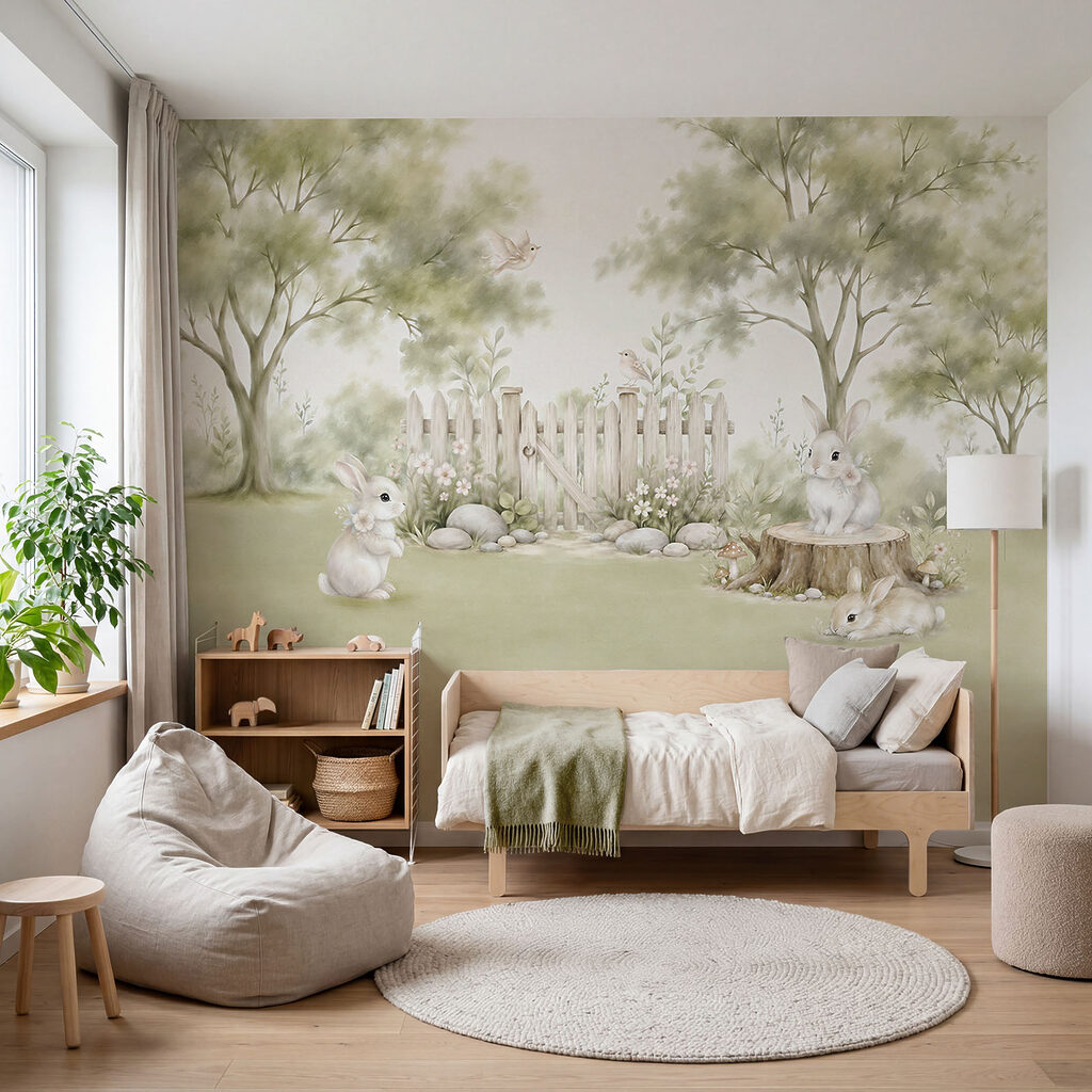 Schilderij van konijnen in een tuin in een interieur