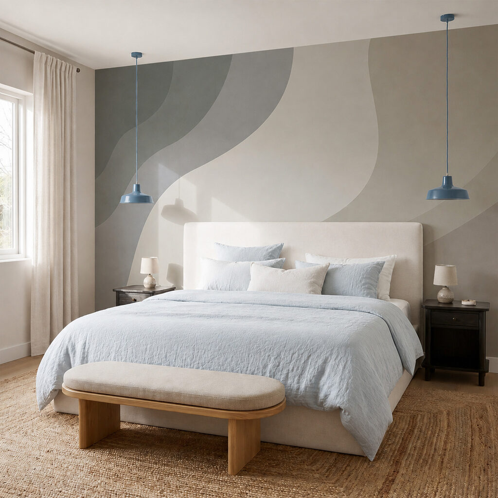 Witte en grijze achtergrond met gebogen lijnen in een interieur