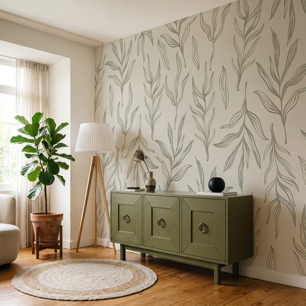 Bladmotief op een witte achtergrond in een interieur