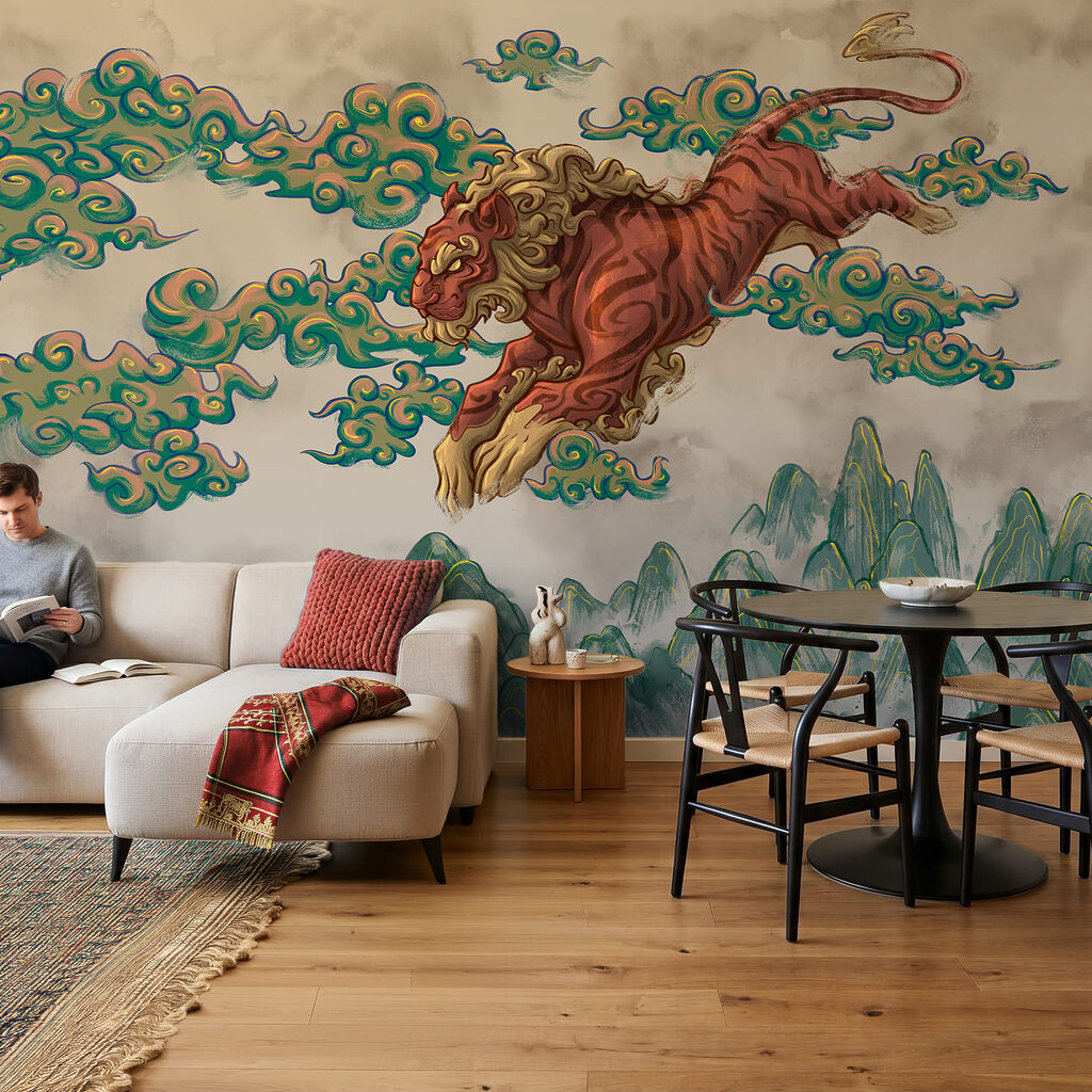 Schilderij van een tijger met wolken in een interieur