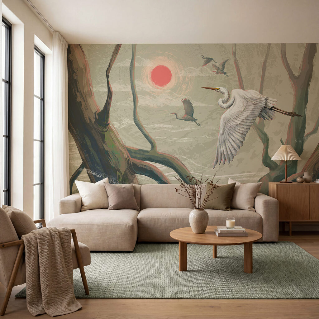 Een witte vogel die door de lucht vliegt in een interieur