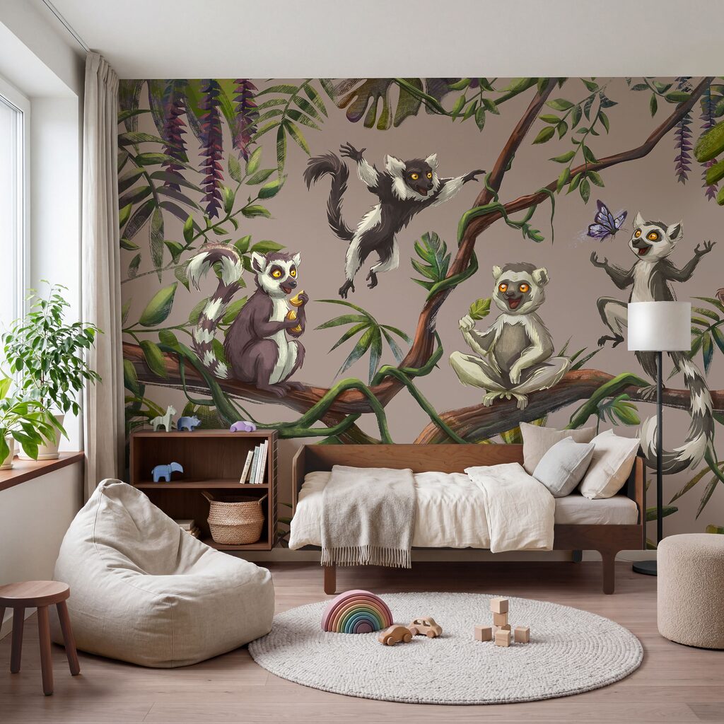 Een groep lemuren op een boomtak in een interieur