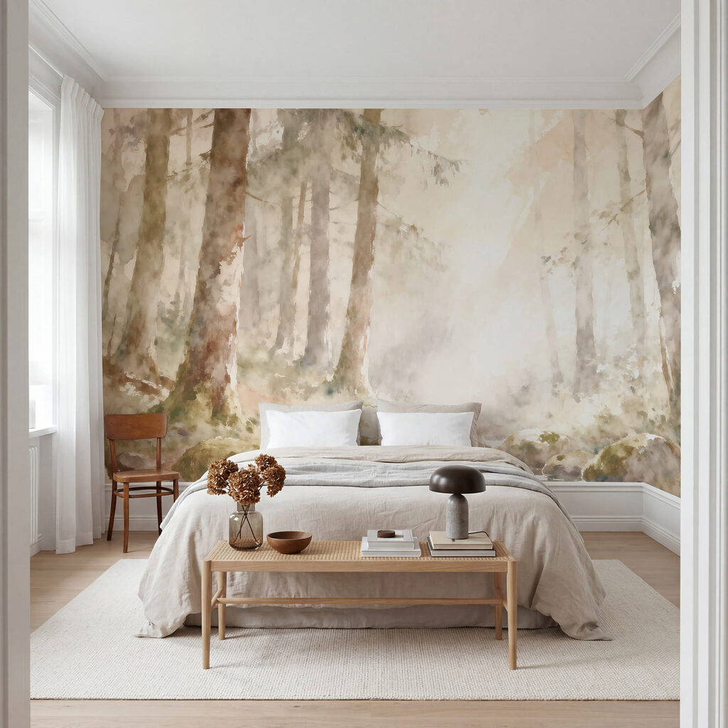 Aquarelschilderij van een rivier met rotsen en bomen in een interieur