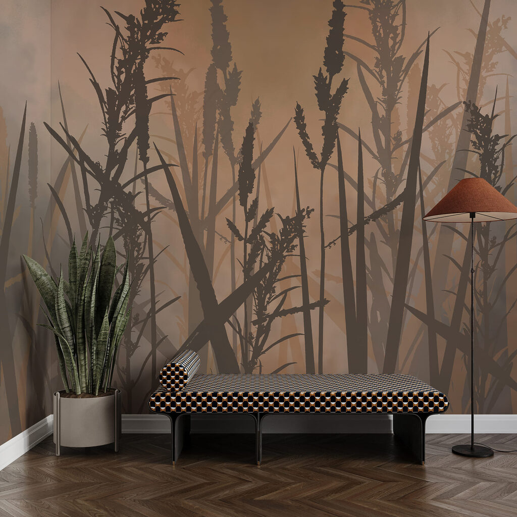 Hoog gras in een mistig veld in een interieur