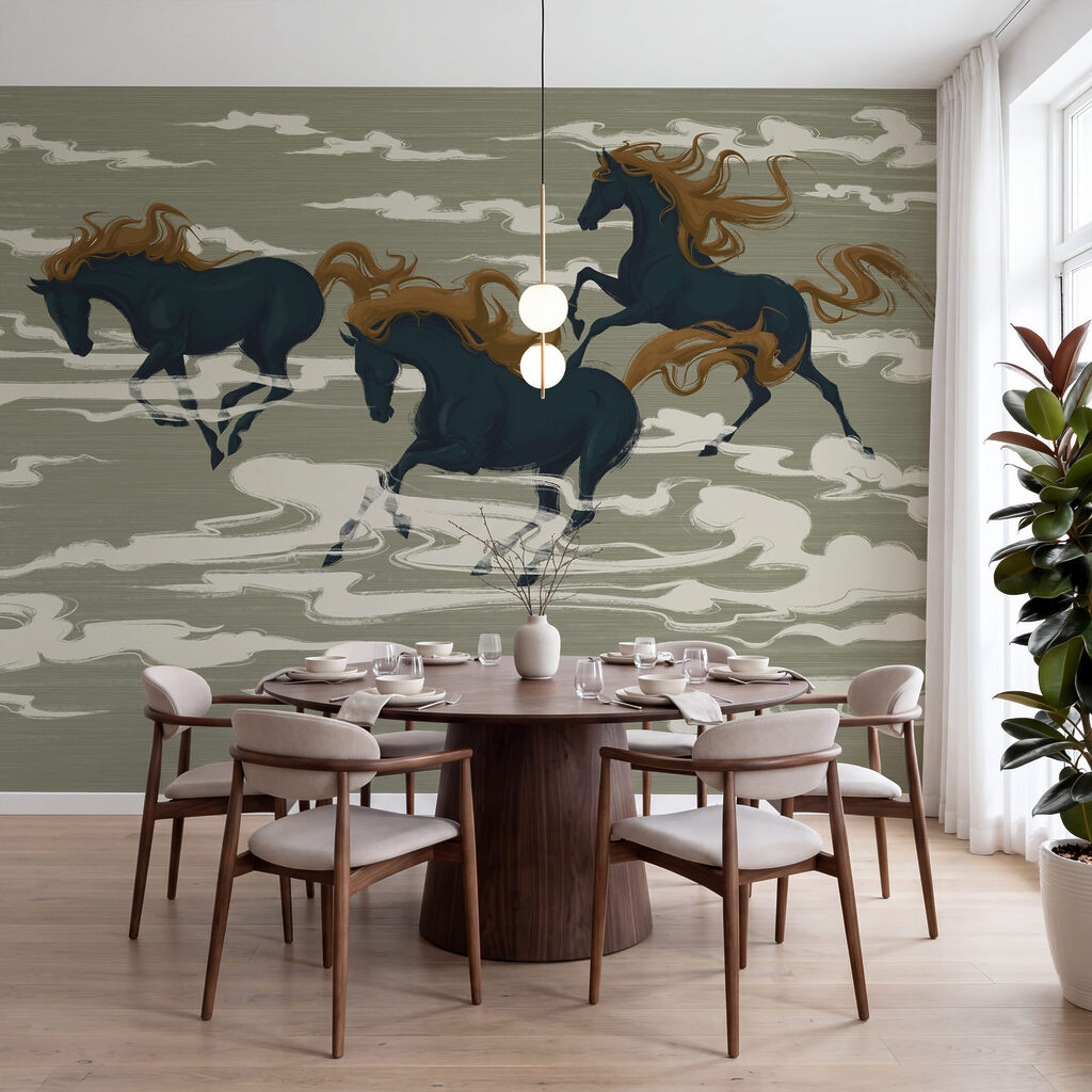 Een groep paarden die door de wolken rent in een interieur