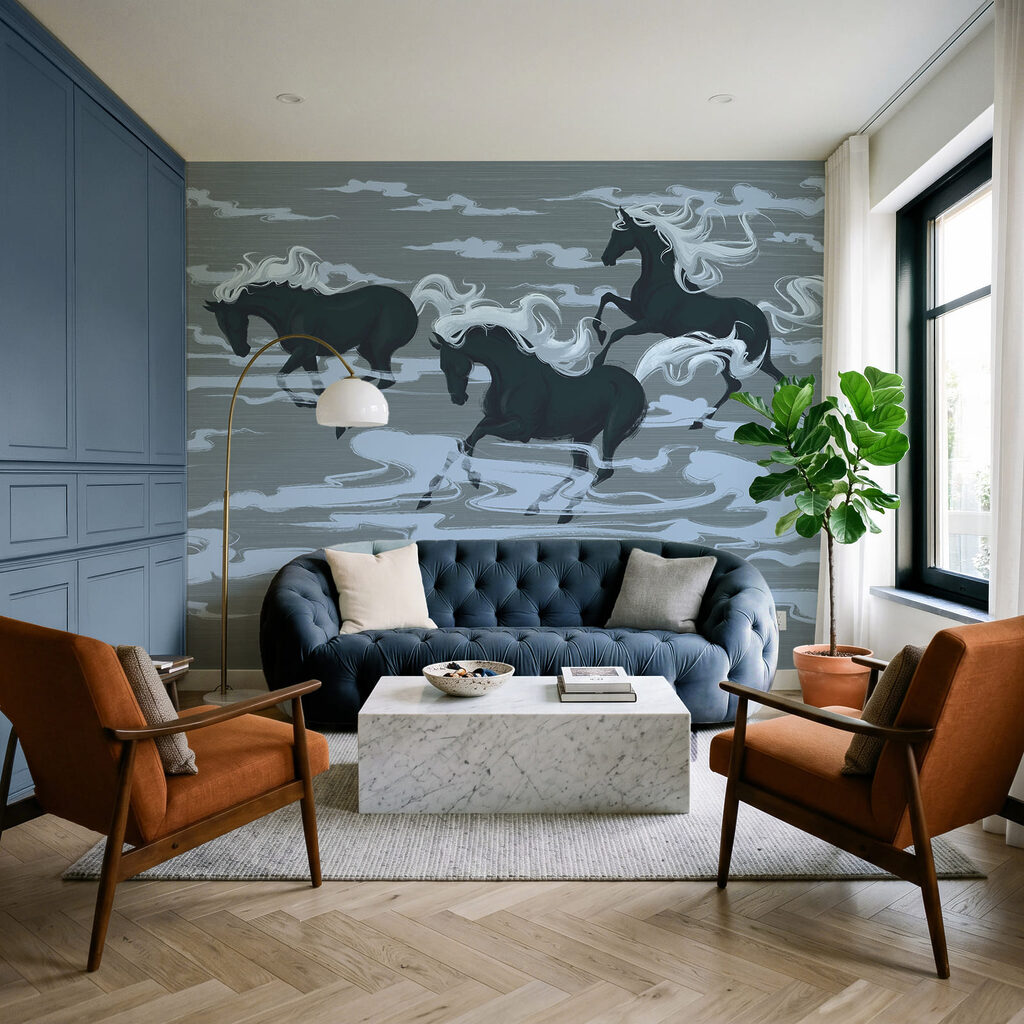 Paarden tussen gestileerde wolken — interieur 1