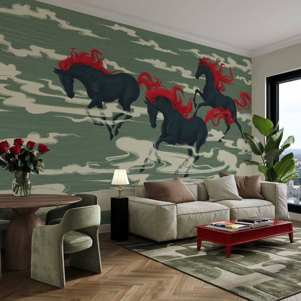 Paarden tussen gestileerde wolken — interieur 1