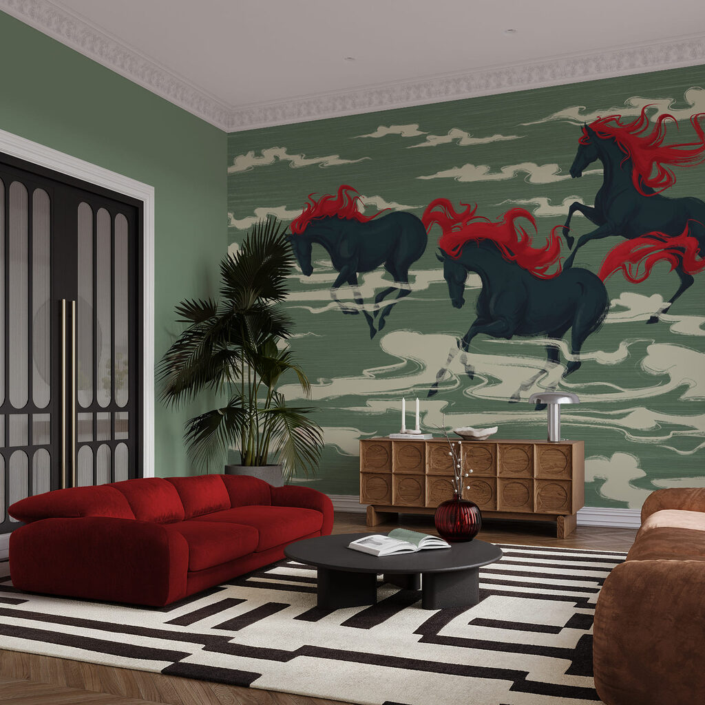 Paarden tussen gestileerde wolken — interieur 2