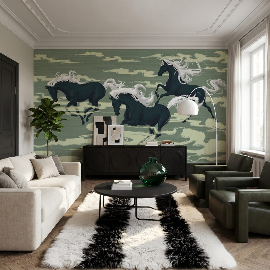 Paarden tussen gestileerde wolken — interieur 1