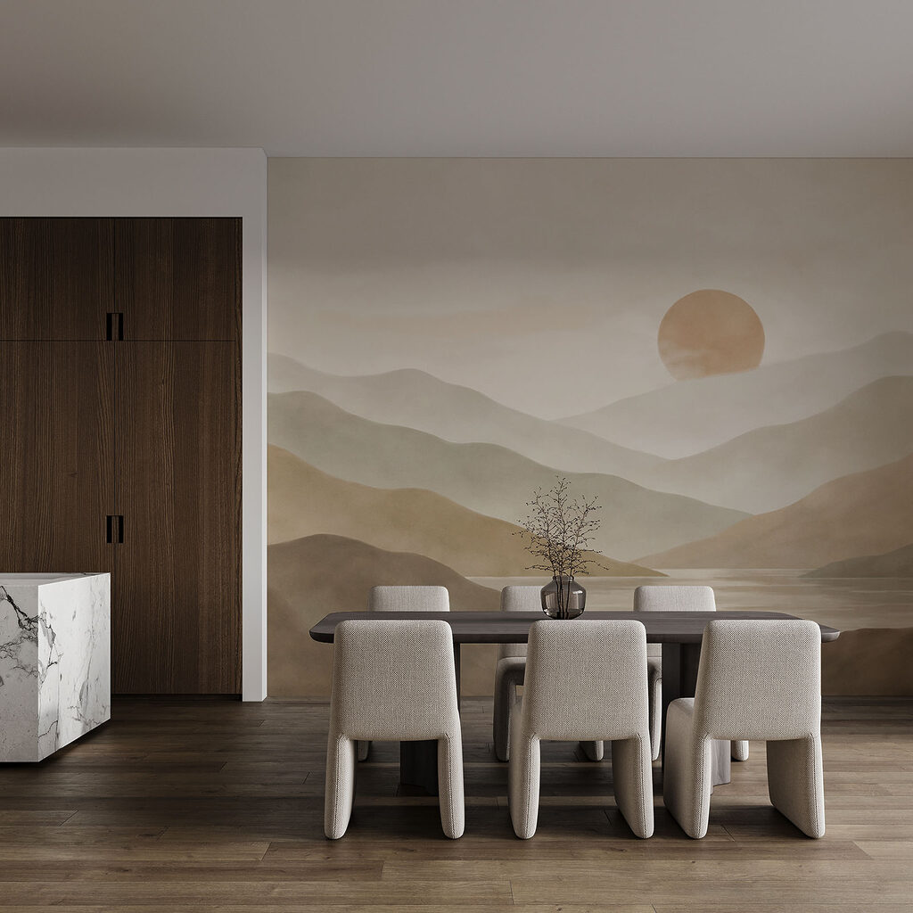 Landschap met bergen en een meer in een interieur