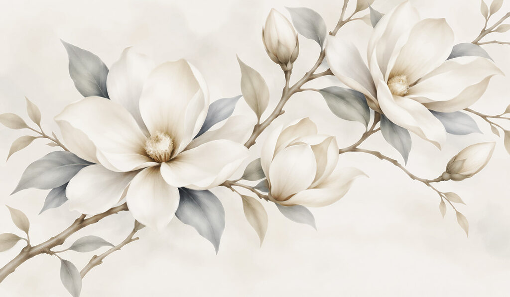 Witte bloemen langs twijgen — volledig ontwerp