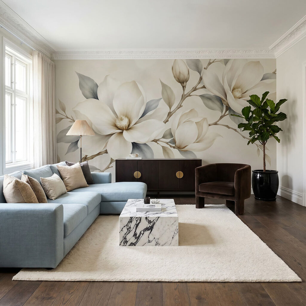 Witte bloemen langs twijgen — interieur 3