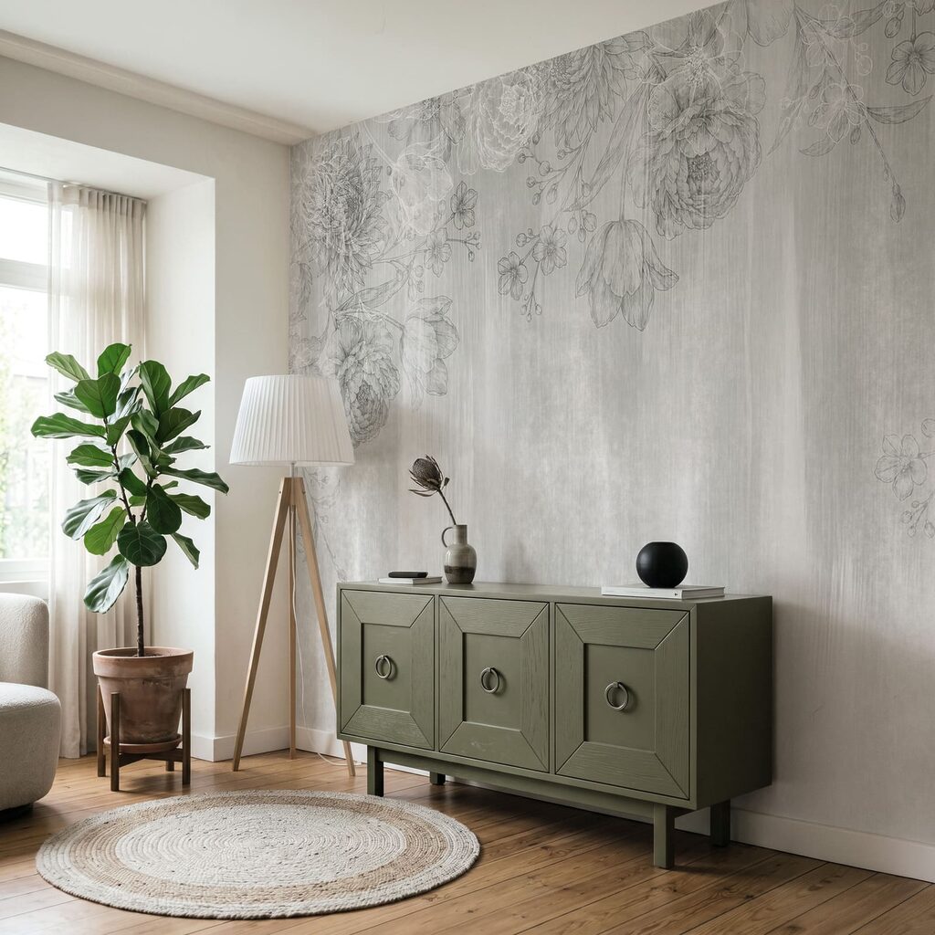 Fijne bloemen boven verfsporen — interieur 2