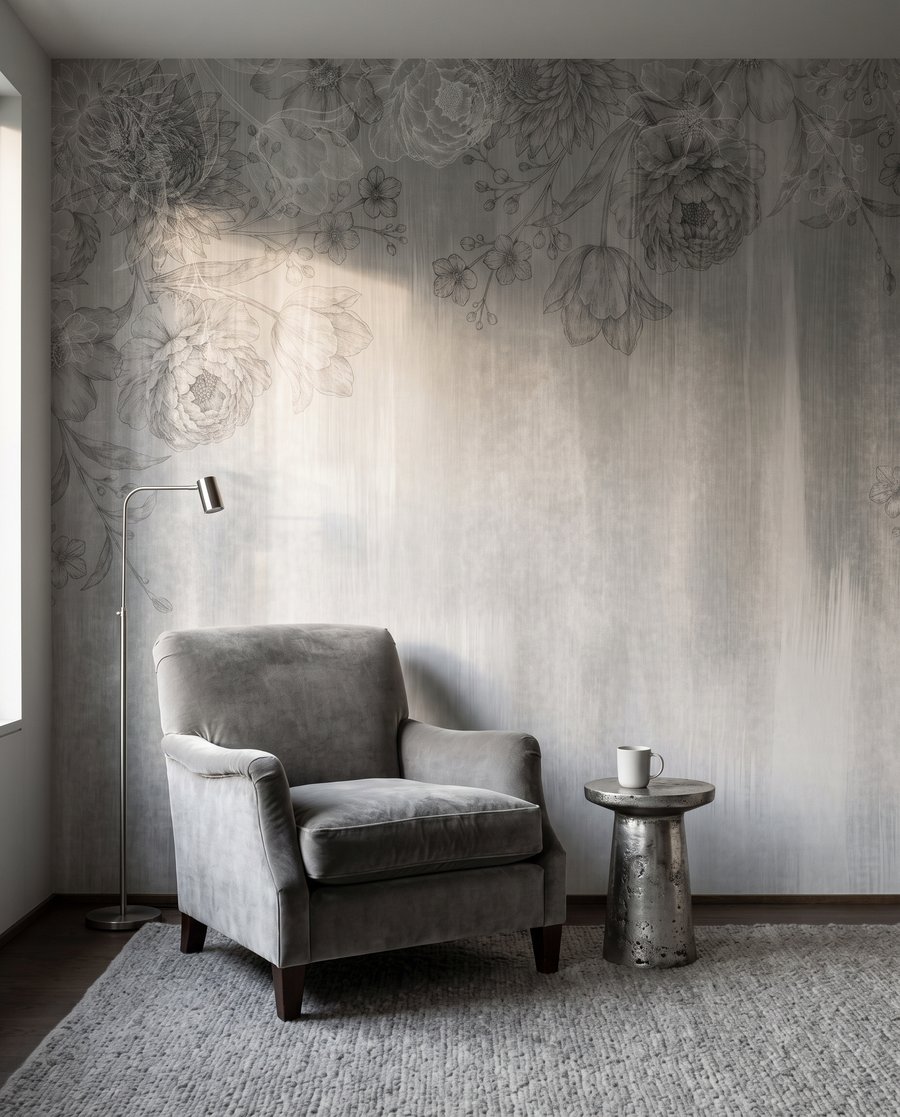 Fijne bloemen boven verfsporen — interieur 2