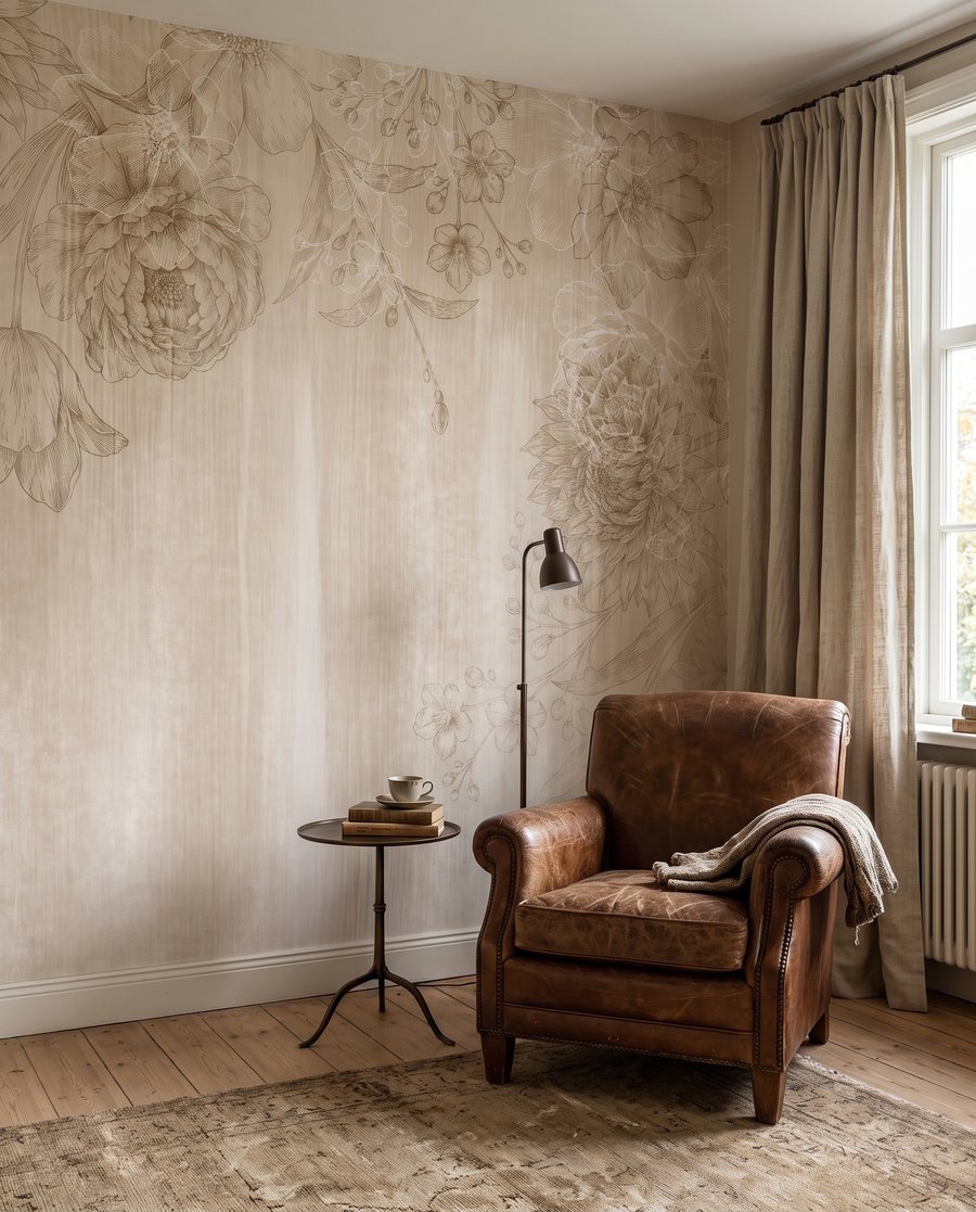Fijne bloemen boven verfsporen — interieur 1