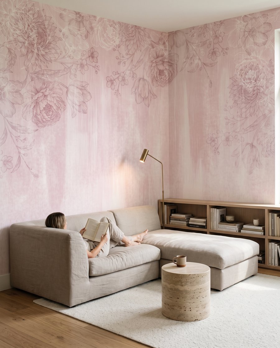 Fijne bloemen boven verfsporen — interieur 1