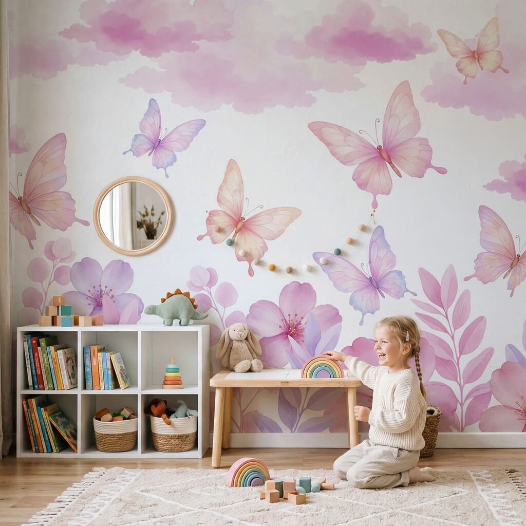 Roze en paarse bloemen en vlinders in een interieur