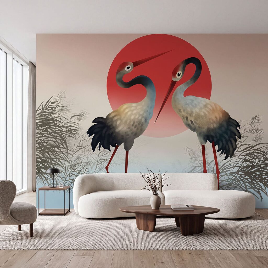 Twee vogels die voor een rode zon staan in een interieur