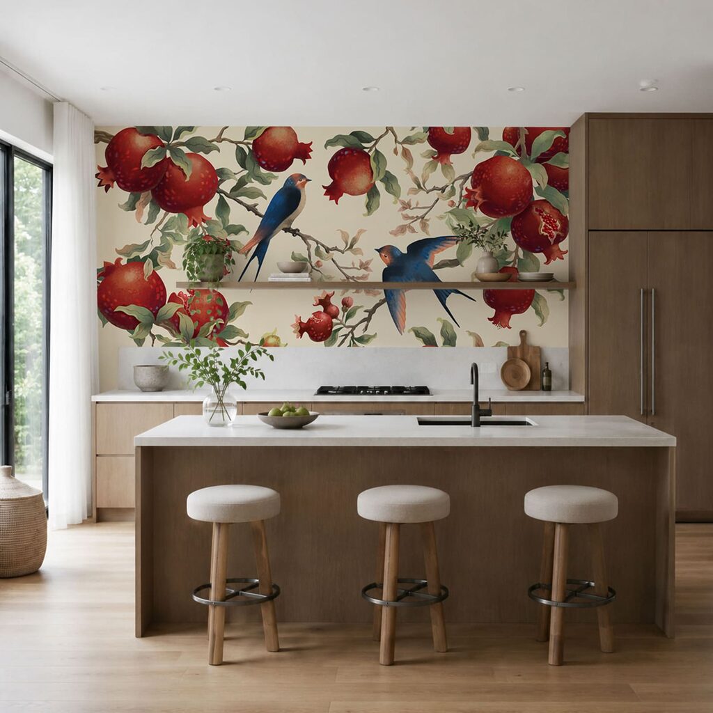 Vogels op een tak met vruchten in een interieur