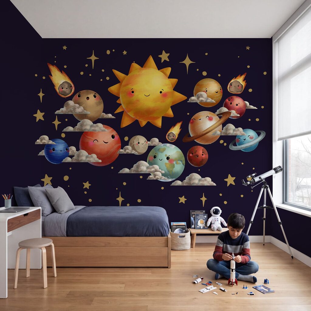 Cartoonachtige planeten en zon in een interieur