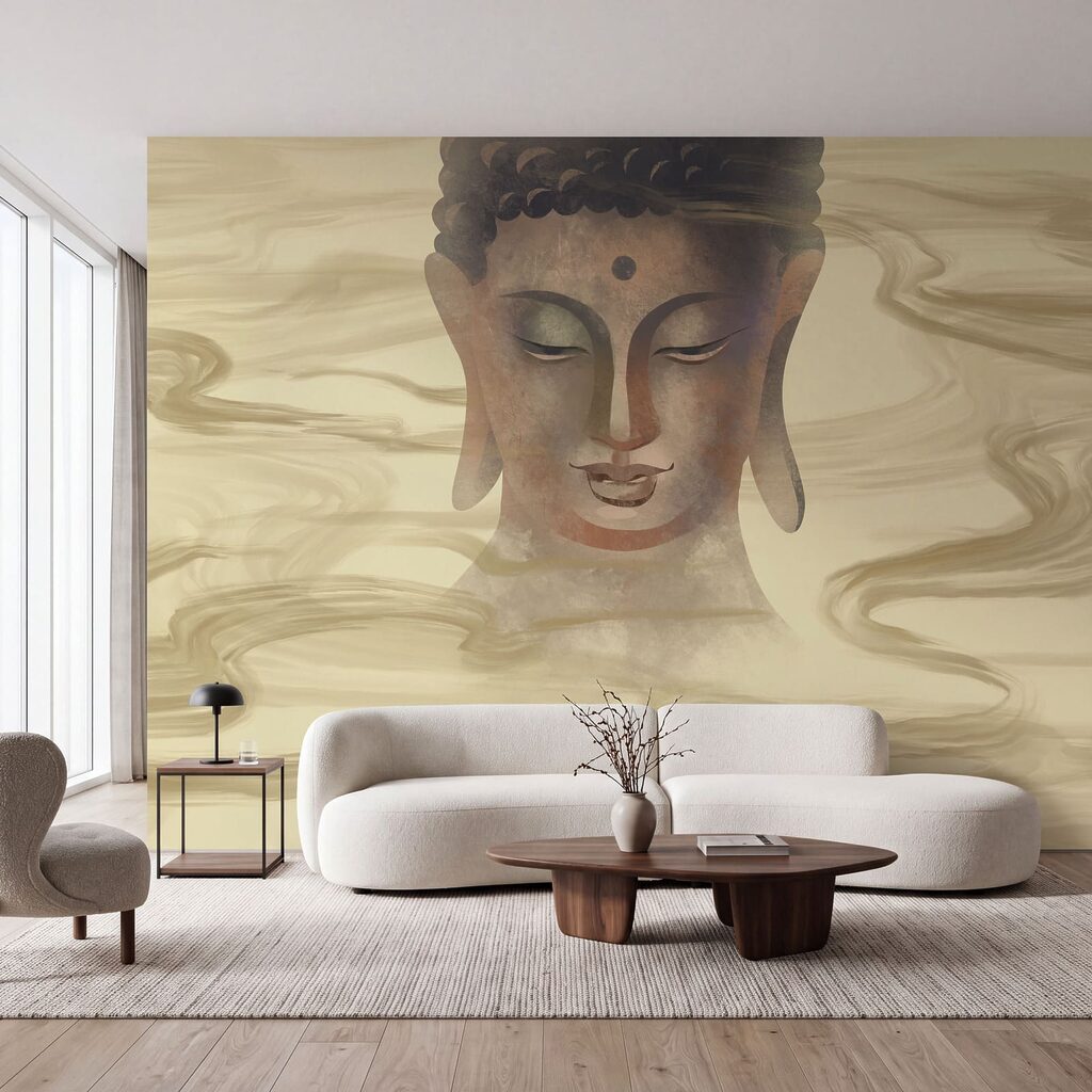 Schilderij van een boeddha-hoofd in een interieur