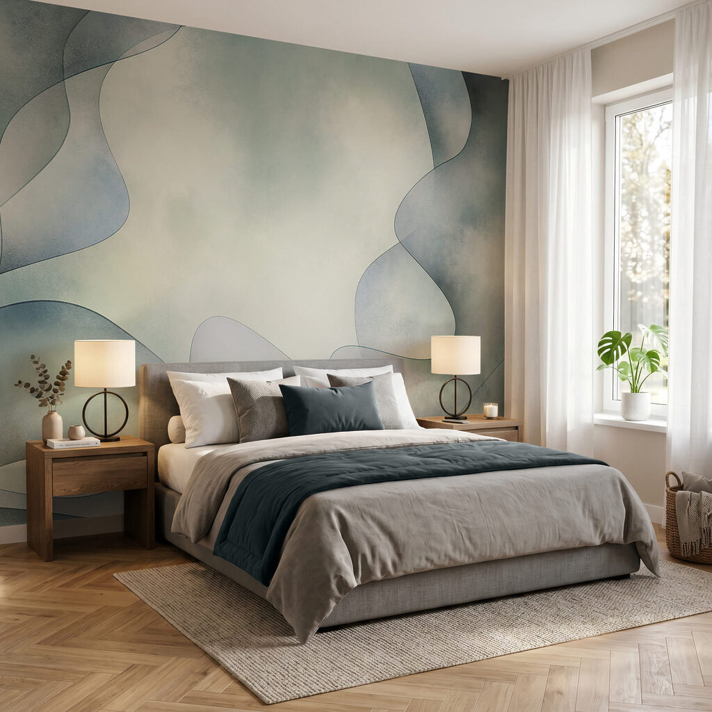 Witte en blauwe achtergrond met een gebogen patroon in een interieur
