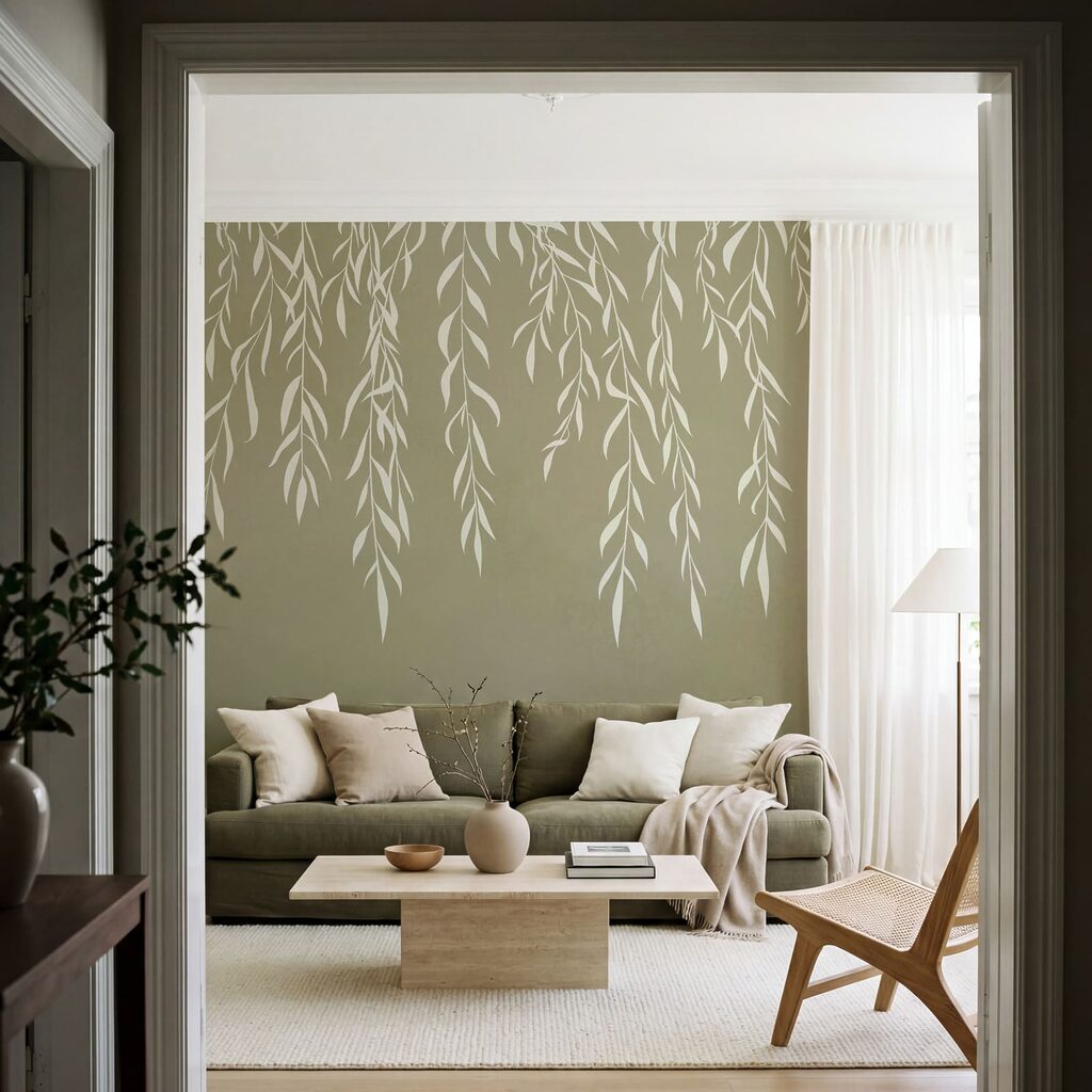 Witte bladeren op een grijze achtergrond in een interieur