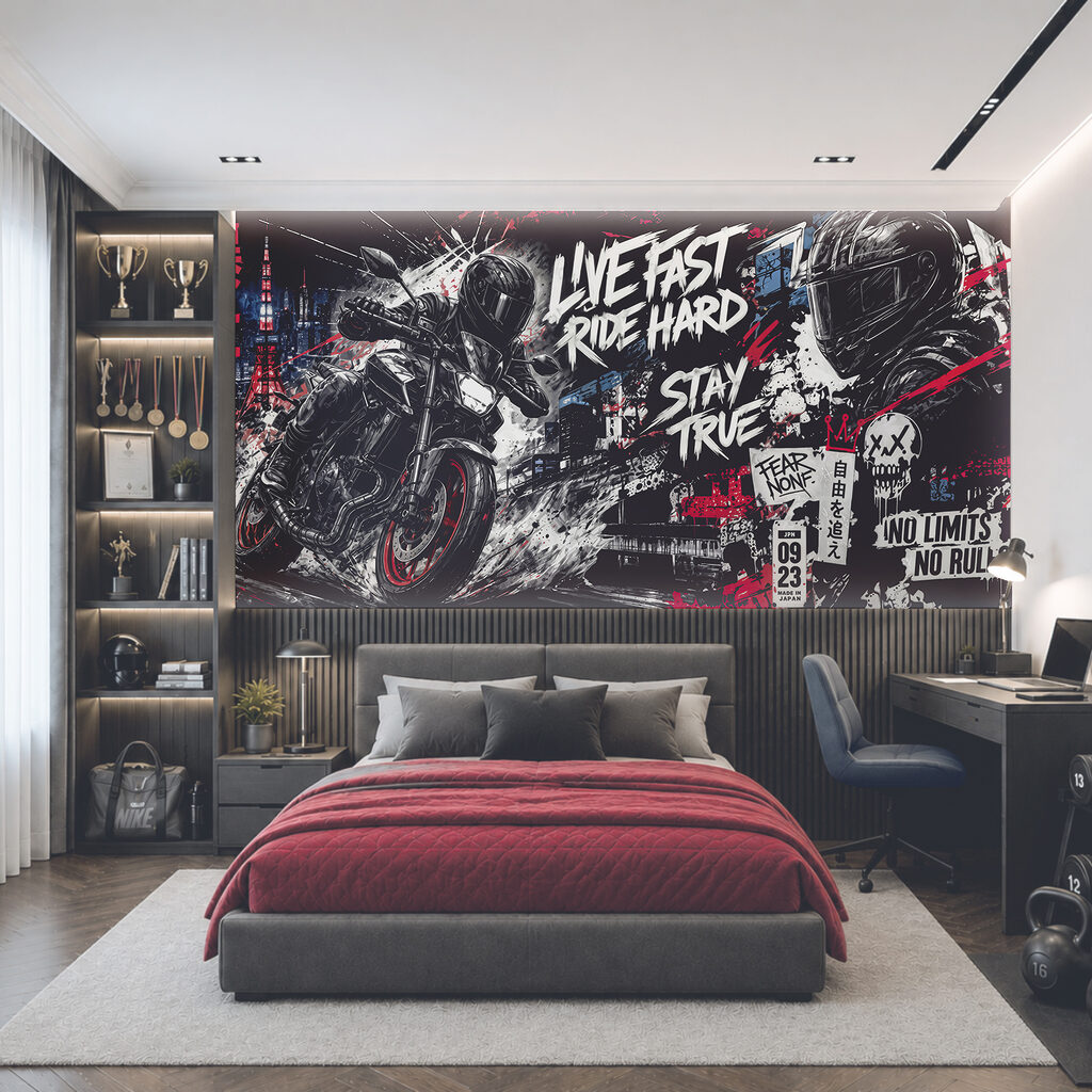 Poster van een motorfiets in een interieur