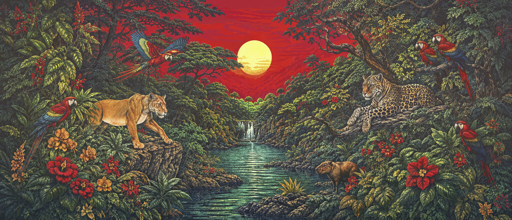 Junglekatten onder rode hemel — volledig ontwerp