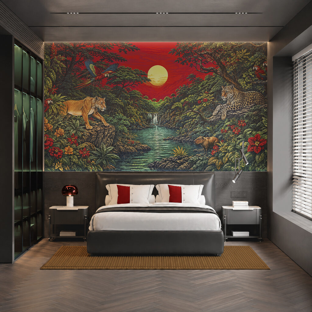 Schilderij van een rivier met een waterval en een tijger in een interieur