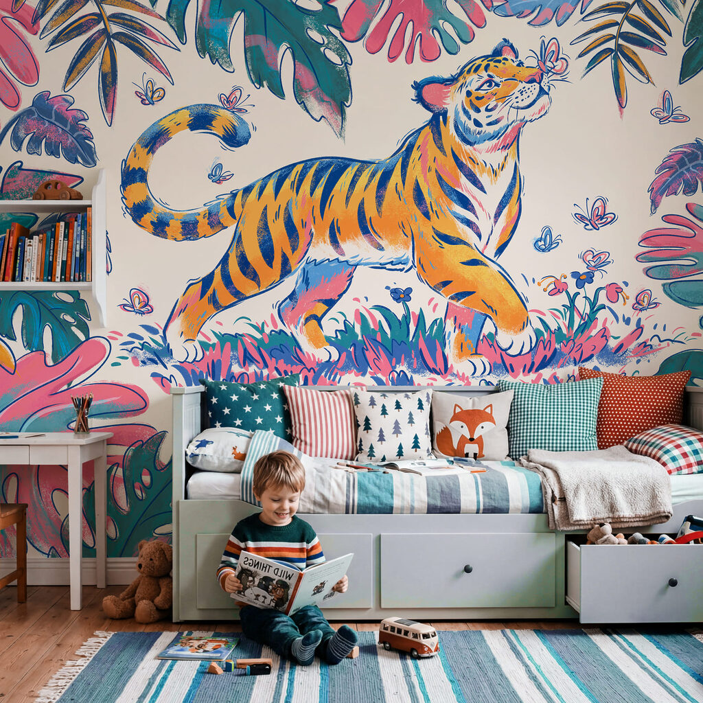 Tijger met vlinders in zijn bek in een interieur