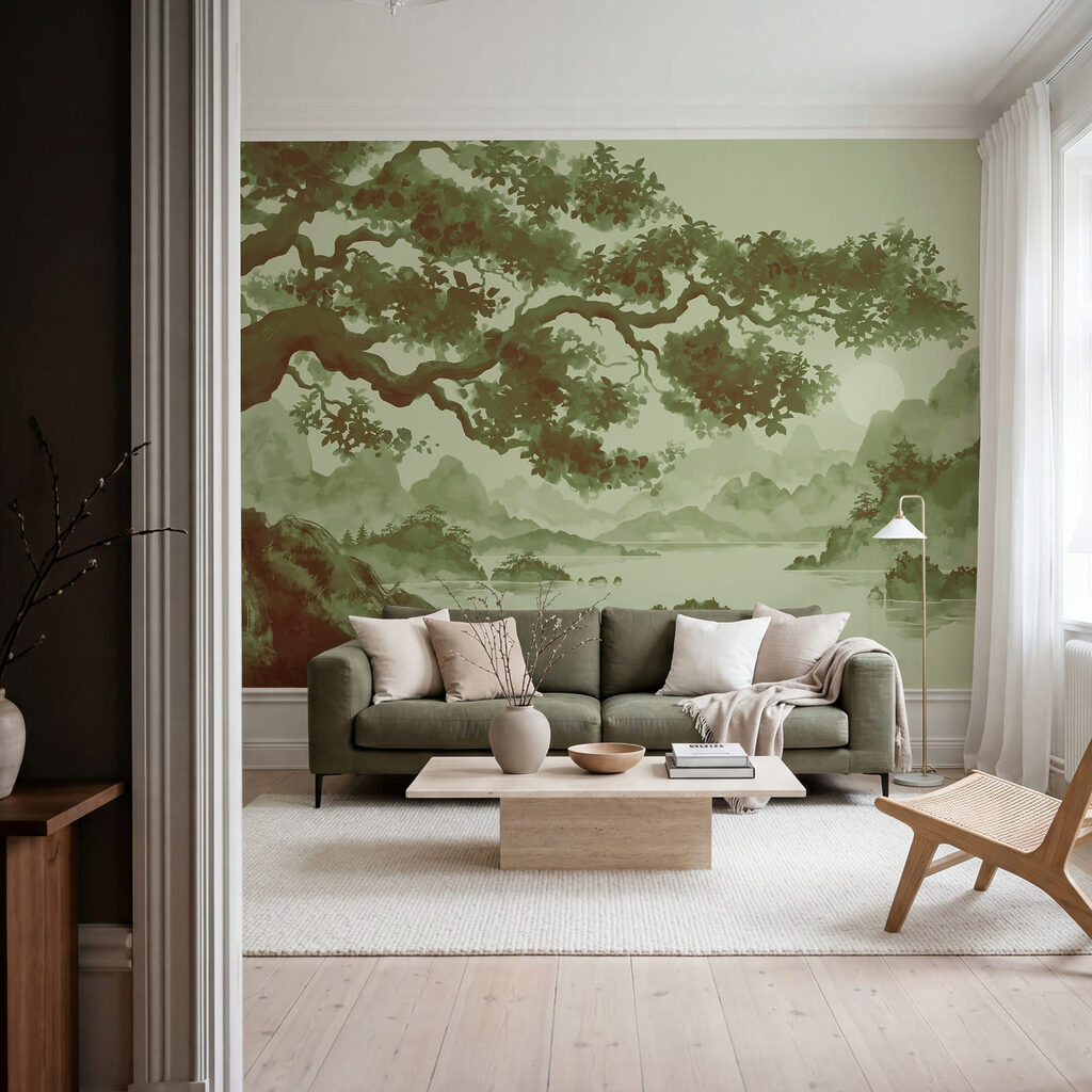 Boom met een rivier en bergen — interieur 2