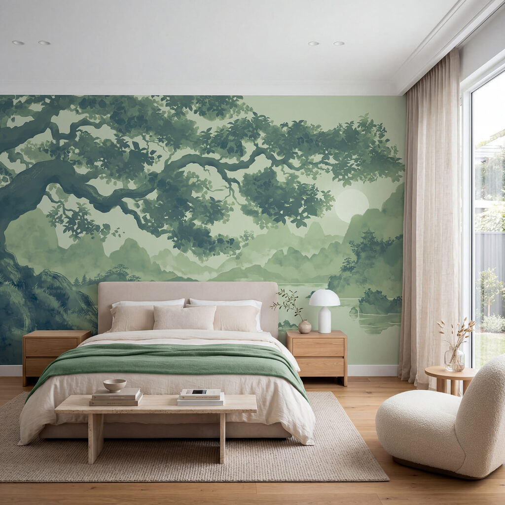 Boom met een rivier en bergen — interieur 1