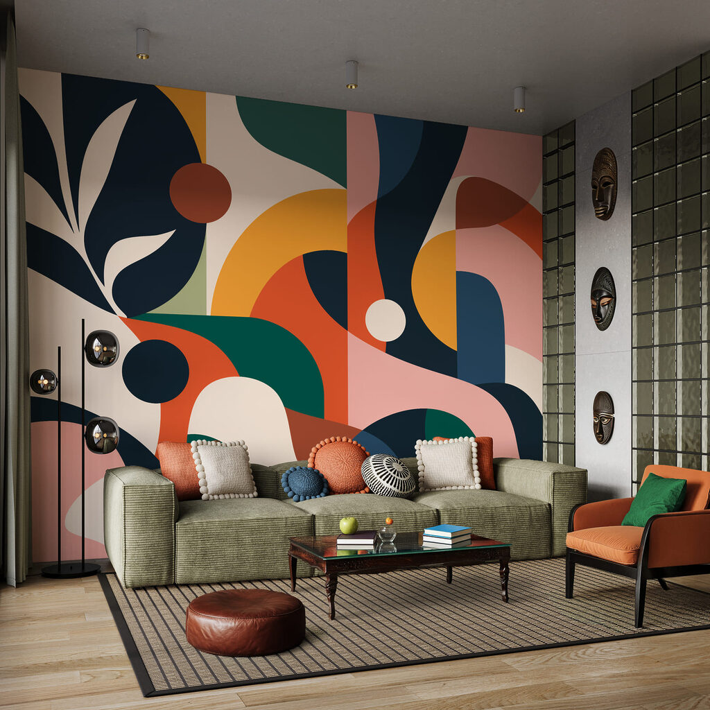 Kleurrijke kunst met verschillende vormen in een interieur
