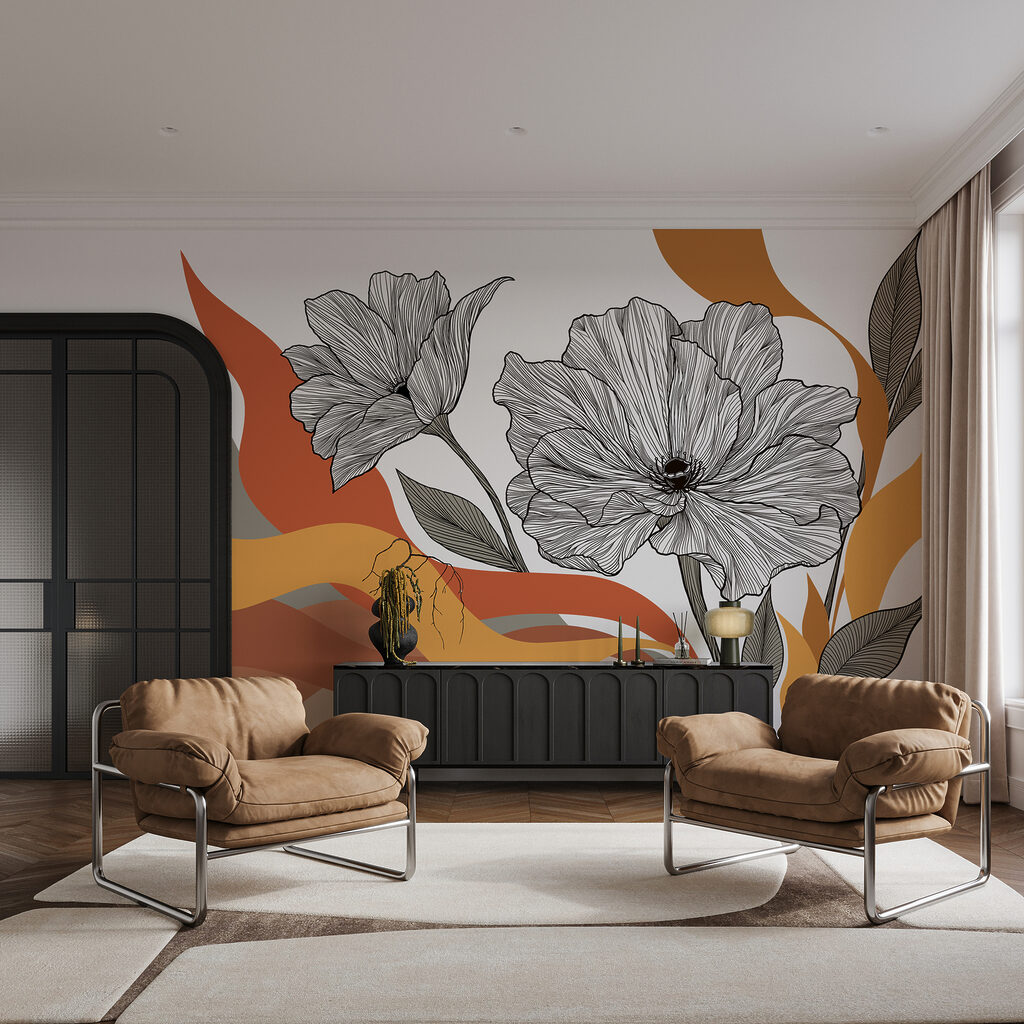 Tekening van bloemen met oranje en witte golven in een interieur