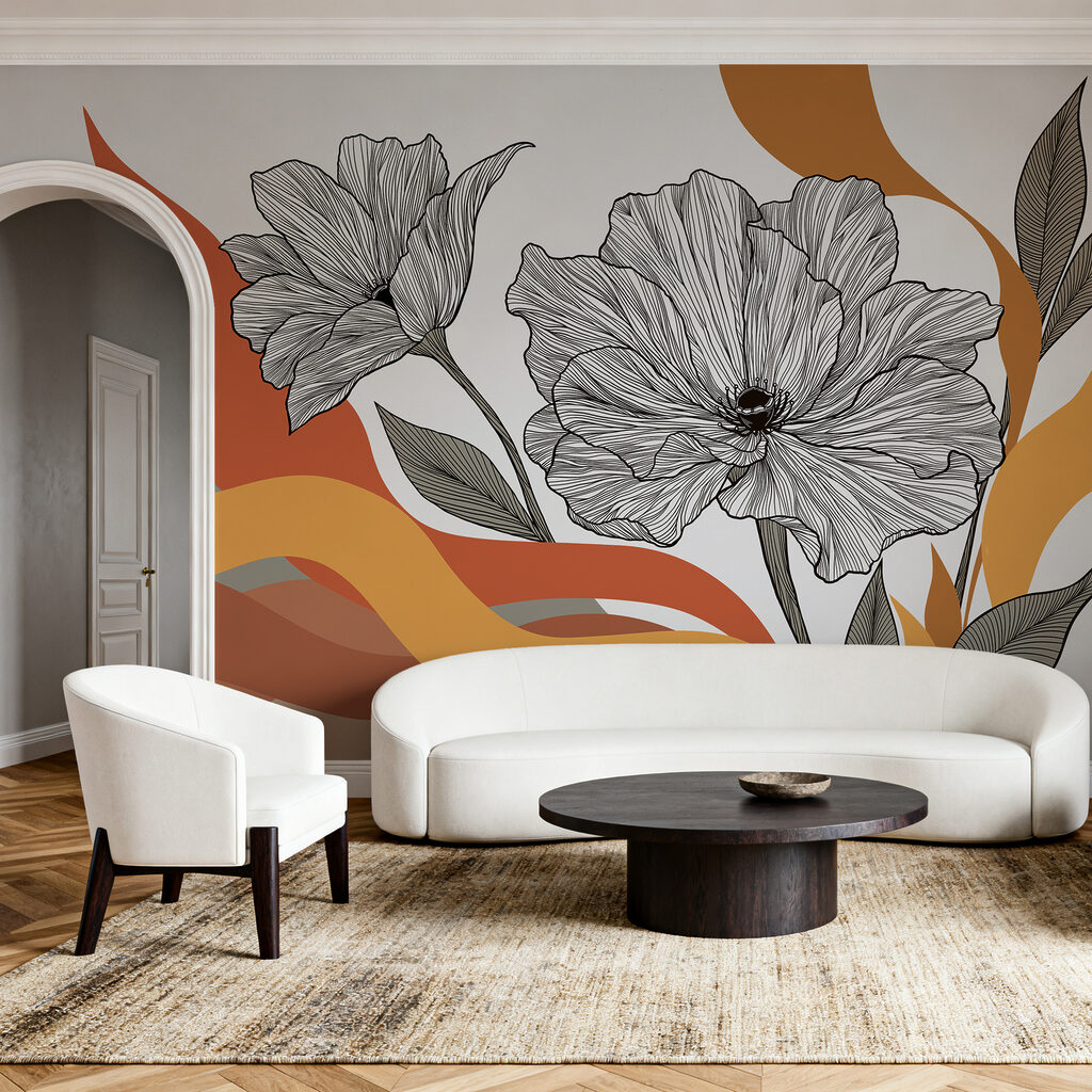 Bloemlijnen boven golvende kleurbanen — interieur 2