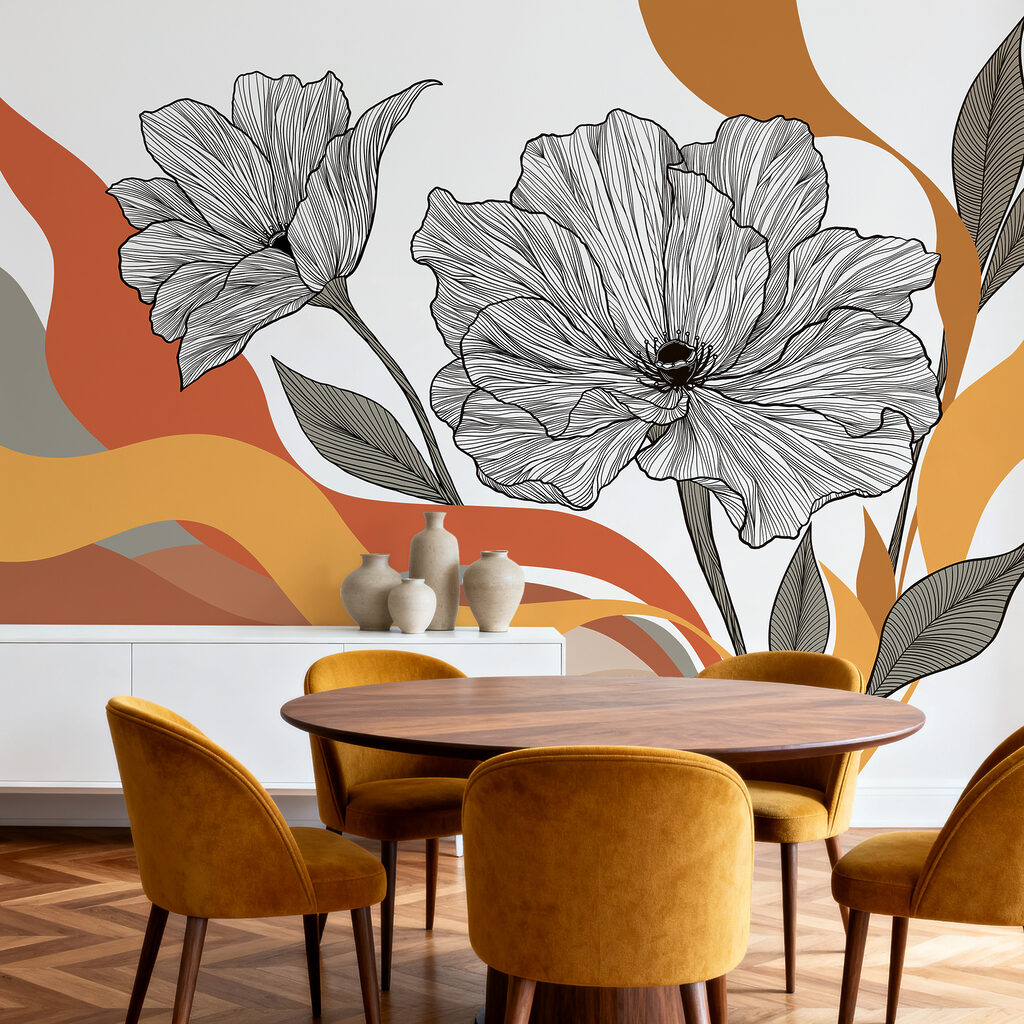 Bloemlijnen boven golvende kleurbanen — interieur 3