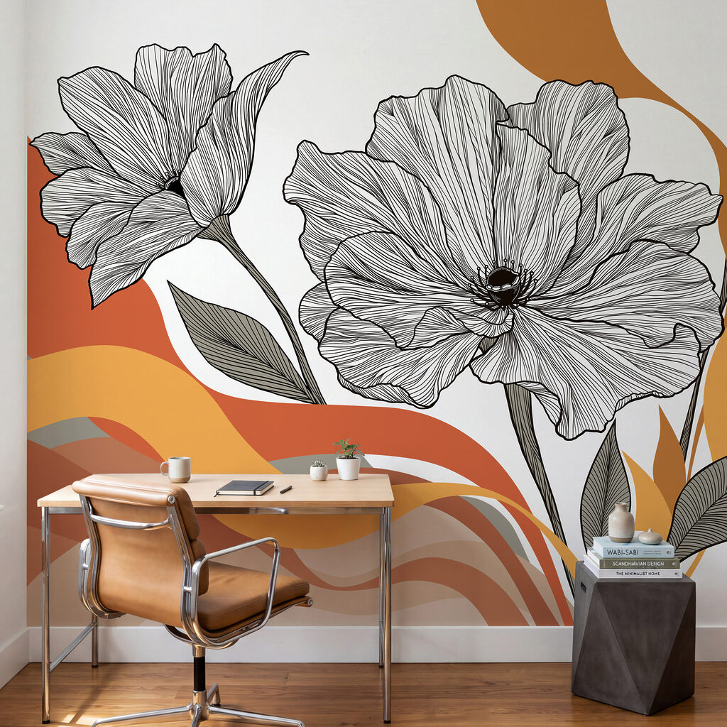 Bloemlijnen boven golvende kleurbanen — interieur 4