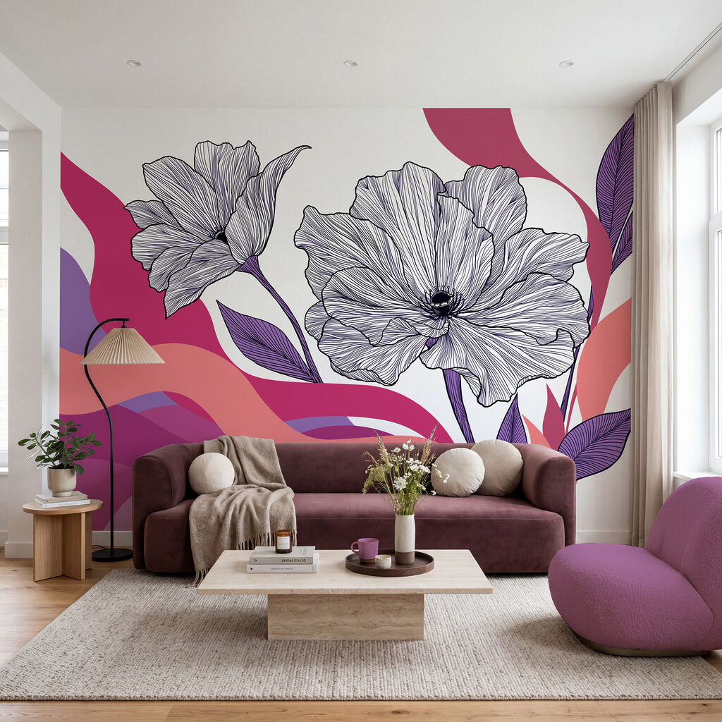 Bloemlijnen boven golvende kleurbanen — interieur 1