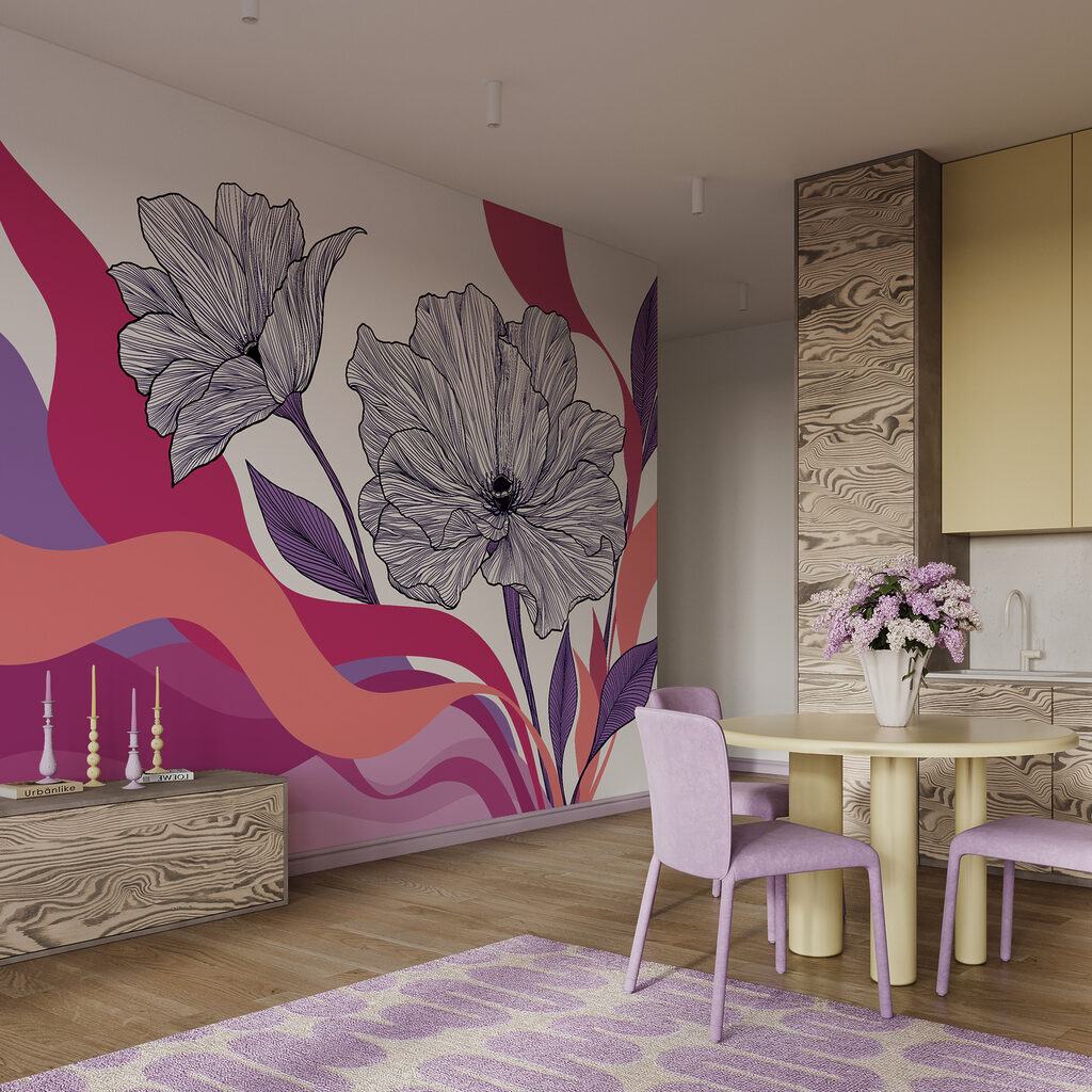 Bloemlijnen boven golvende kleurbanen — interieur 2