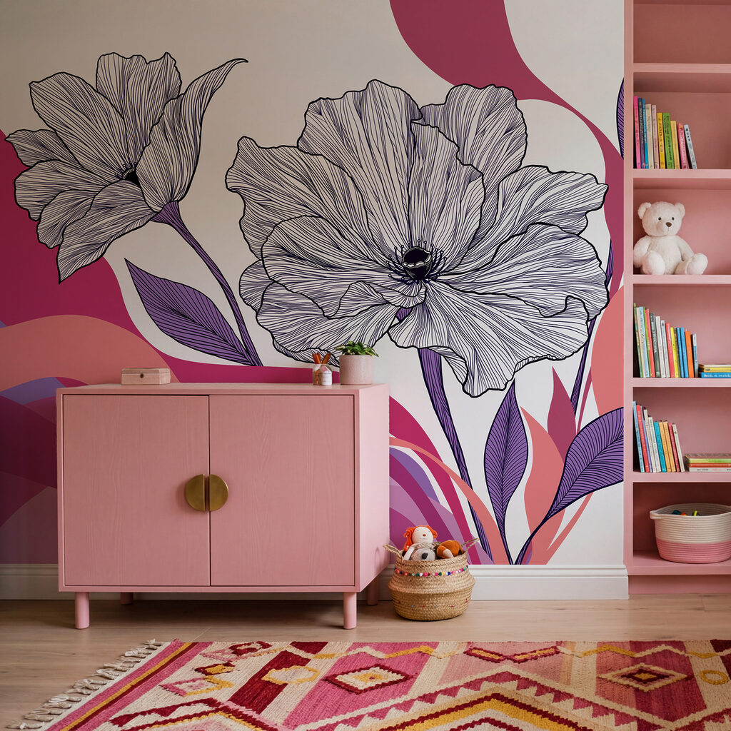 Bloemlijnen boven golvende kleurbanen — interieur 3