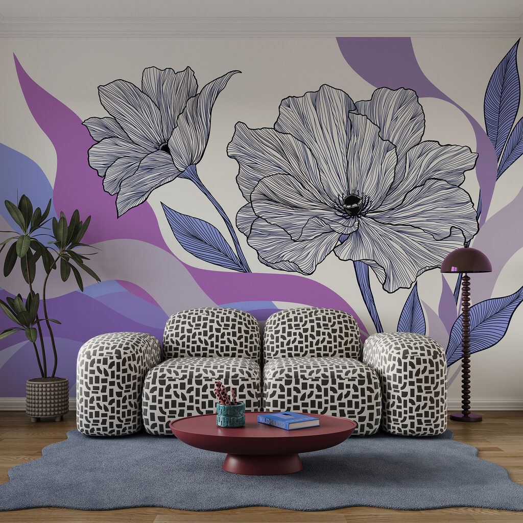Bloemlijnen boven golvende kleurbanen — interieur 1