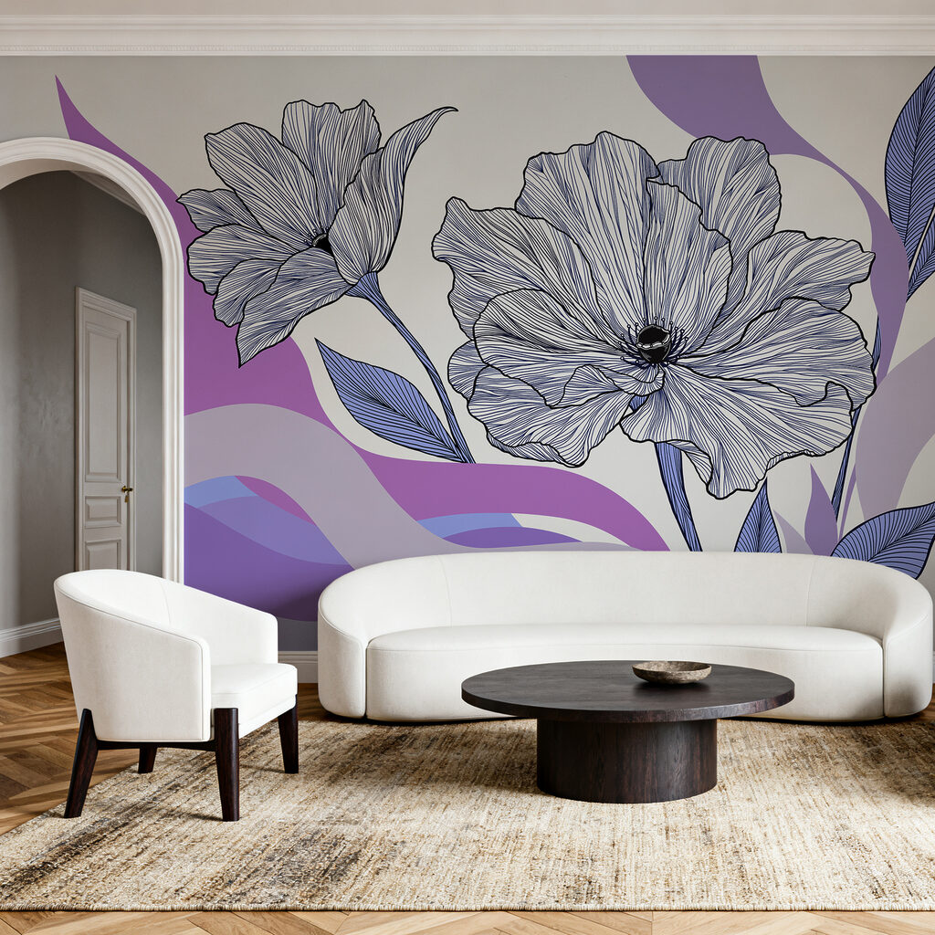 Bloemlijnen boven golvende kleurbanen — interieur 2