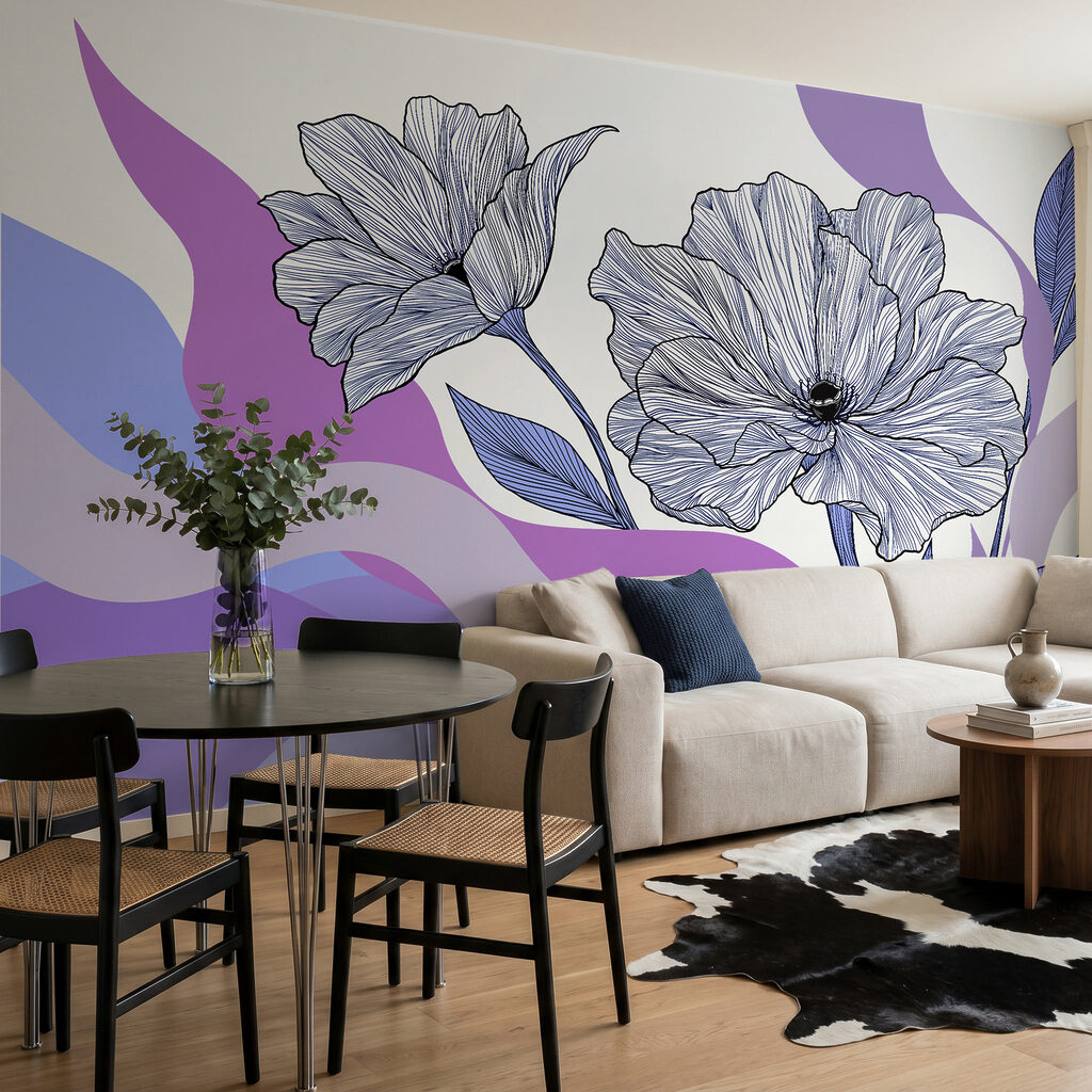 Bloemlijnen boven golvende kleurbanen — interieur 3